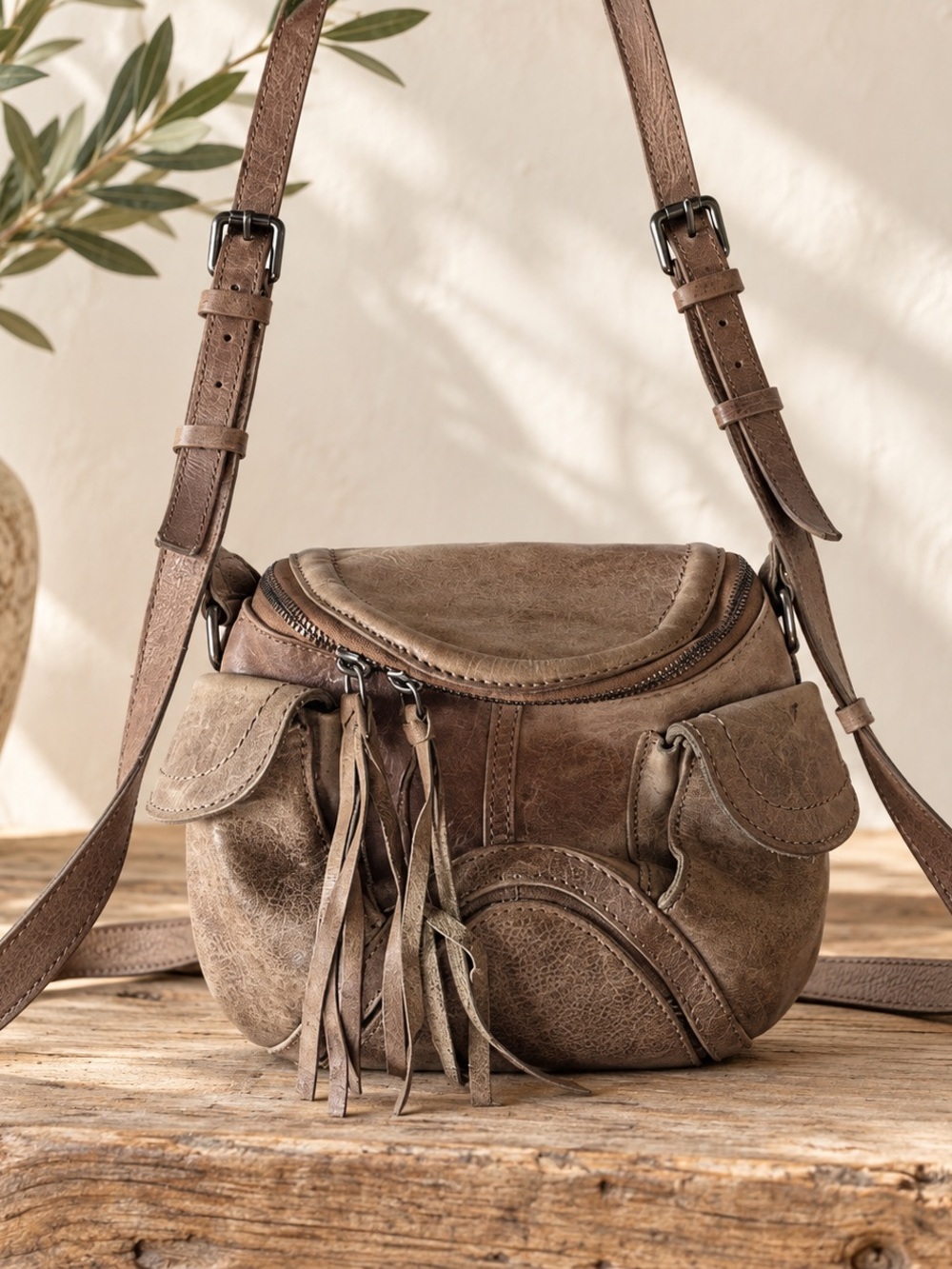 Latico Distressed Taupe Leather Crossbody Bag Fringe Boho